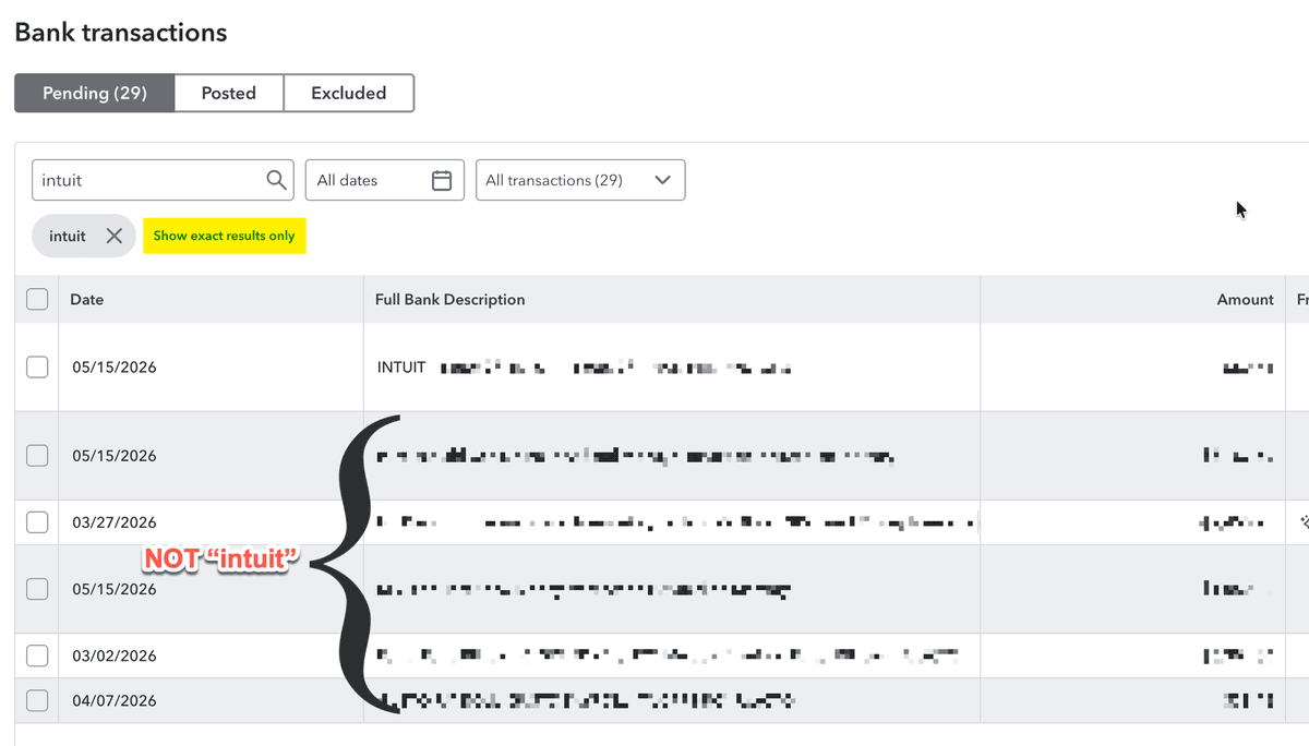 Bank Transactions - Auto-click "Show exact results only"